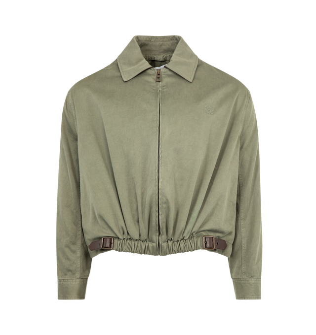 Image 1 of 3 - GREEN - Loewe Men's Jacket in medium-weight garment-dyed cotton satin featuring a gathered front with a decorative contrast belt. Regular fit, regular length featuring classic collar, zip front fastening, buttoned cuffs, seam pockets, inside jet pocket, fully lined with Anagram embroidery placed on the chest, LOEWE embossed leather patch placed at the back. Cotton. Made in Italy.
