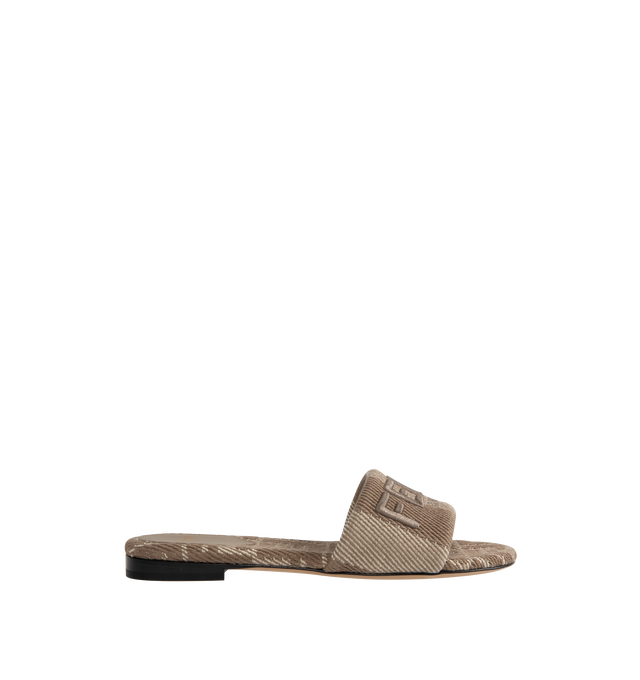 Image 1 of 4 - BROWN - FENDI Sunshine Jacquard Slides featuring wide-band, made of denim-effect jacquard with Pequin stripes, jacquard FF insole in the same tones and Fendi Roma embroidery. 100% cotton. Made in Italy.