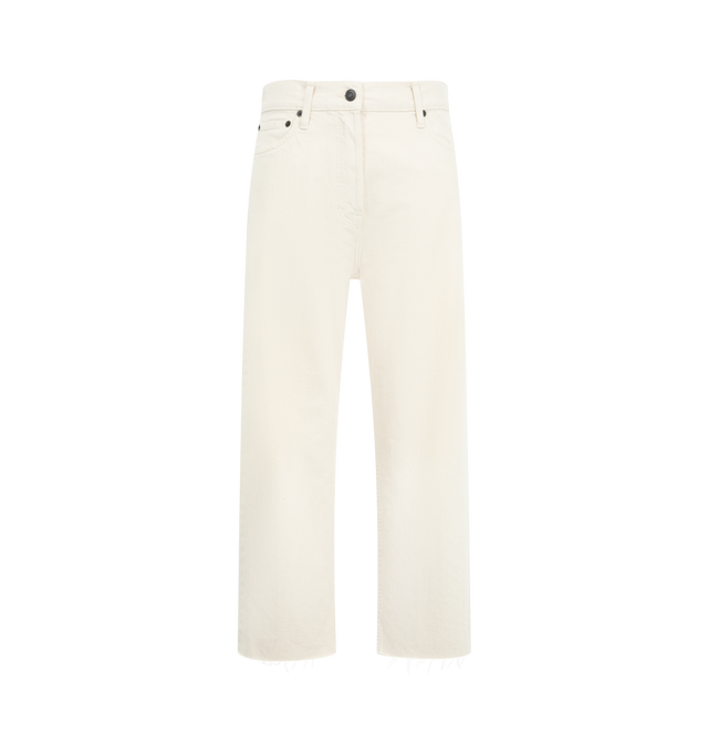 Image 1 of 3 - WHITE - THE ROW Fortino Jean featuring mid-rise five-pocket jeans with a relaxed straight leg and frayed hem finish. 100% cotton. Made in Japan.