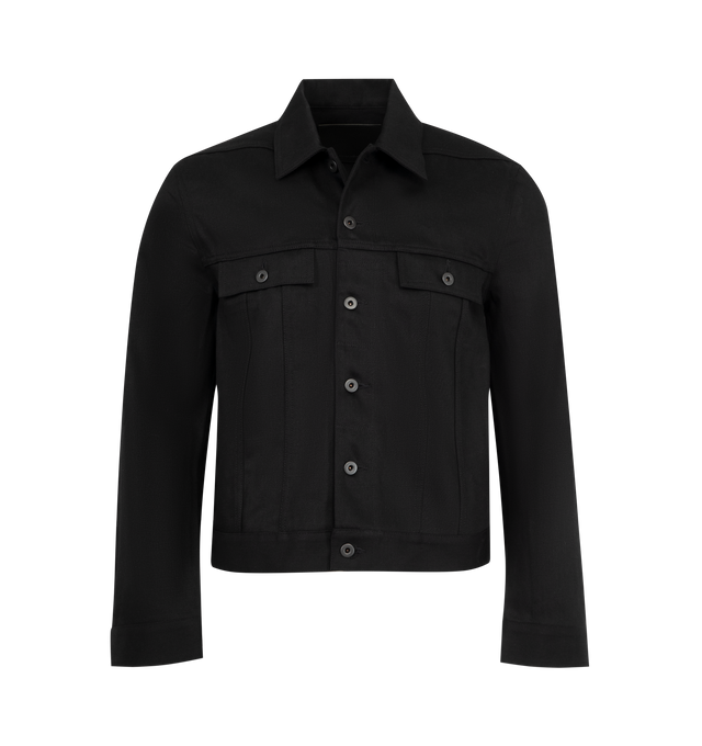 Image 1 of 5 - BLACK - Rick Owens DRKSHDW Trucker Jacket featuring spread collar, button closure, adjustable barrel cuffs, adjustable button tabs at back hem and silver-tone hardware. 100% cotton. Made in Italy.