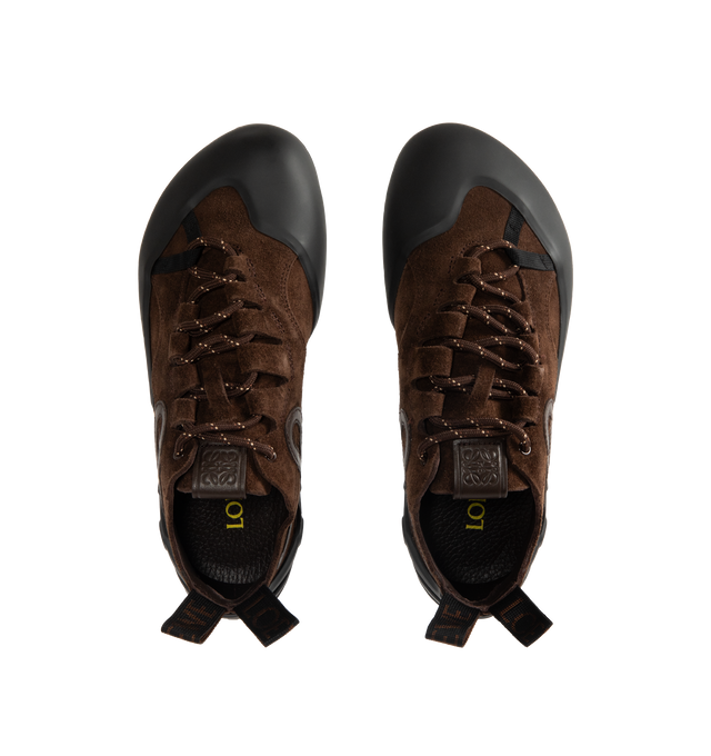Image 5 of 5 - BROWN - LOEWE Grip sneaker in calfskin suede with contrast moulded TPU parts featuring a distinctive climbing shoe-inspired silhouette, asymmetric toe shape and lacing system, 5mm heel, L monogram on the side, embossed Anagram on the tongue, LOEWE jacquard webbing at the back, padded insock and LOEWE-injected TPU outsole. Calf suede/tpu. Made in Italy.