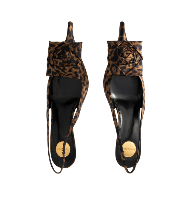 Image 4 of 4 - BROWN - SAINT LAURENT Dakota Slingback Pumps featuring a demi-wedge gold-tone kitten heel, elongated pointed toe with a hand-folded square rose, leather sole, round saint laurent-engraved metal plaque on the insole and elasticized slingback strap. Heel height: 5 cm / 1.9 inches. Silk. Made in Italy.