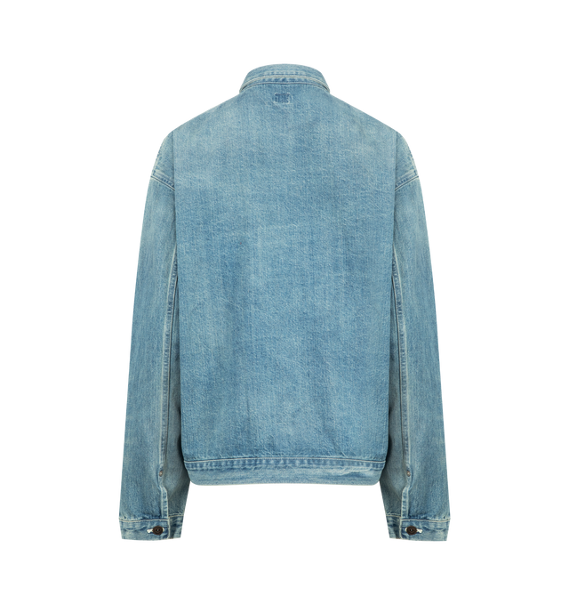 Image 4 of 5 - BLUE - CHIMALA Amoskeag Selvedge Denim Chore Jacket featuing button up front, button cuffs, foldover collar, single chest pocket, two waist pockets and tonal stitching. 100% cotton. Made in Japan.