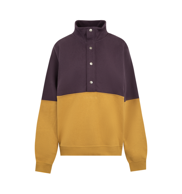 Image 1 of 2 - MULTI - SAINT LAURENT Half-Snap Sweatshirt featuring color-block fleece sweatshirt made with certified cotton, logo embroidery on the front, snap-button half placket, stand collar with snap-button half placket and ribbed cuffs and hem. 100% cotton. Made in France.
