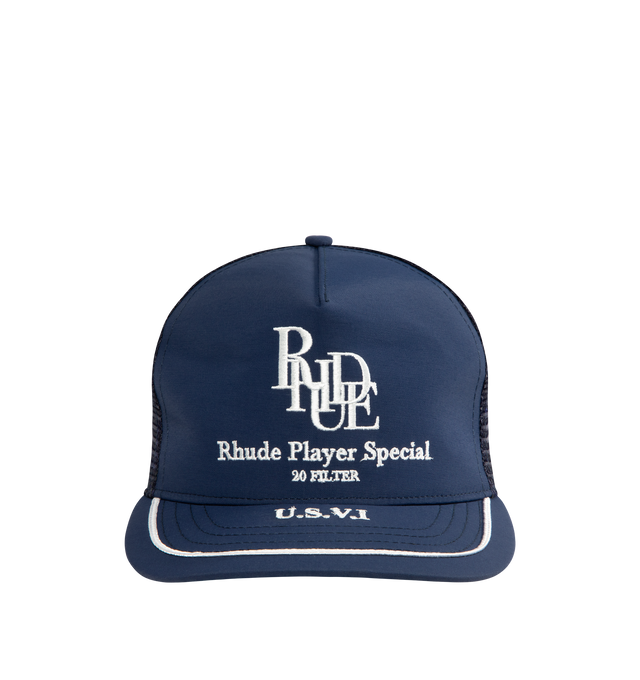 Image 1 of 2 - NAVY - RHUDE Player Special Trucker Hat featuring classic trucker cap, embroidery on the front and brim and adjustable snap strap at the back. 100% polyester. 100% cotton.