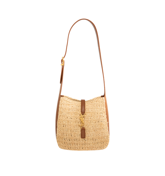Image 1 of 3 - BROWN - SAINT LAURENT LE 5 7 Supple Baby in raffia and vegetable-tanned leather featuring an inner card holder, leather tab closure decorated with the CASSANDRE, an adjustable strap and bronze-tone hardware. 6.3" x 6.7" x 3". Raffia, calfksin. Made in Italy.