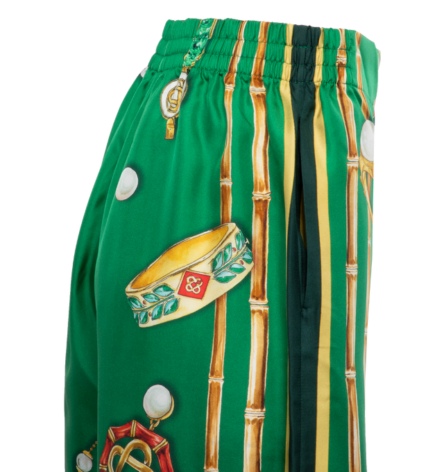 Image 3 of 4 - GREEN - CASABLANCA La Boite a Bijoux Trousers featuring elasticated waist, wide-fit leg, and all-over graphic. 100% silk. Made in Italy. 