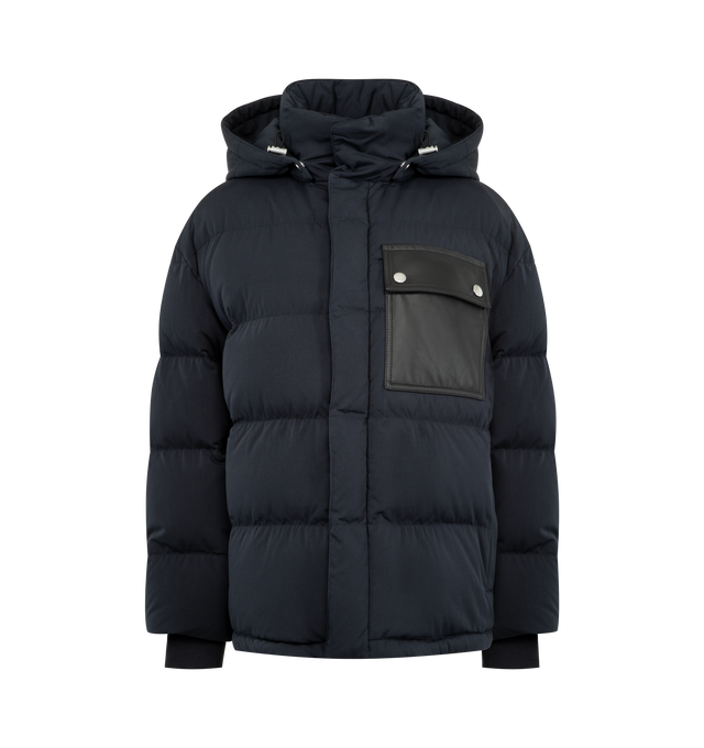 Image 2 of 4 - NAVY - Tech Cotton Puffer Jacket featuring lightweight matte tech cotton, leather pocket detail and internal special label, detachable hood, interior pinched drawstring at the waist, zipper and snap button closure, lined and relaxed fit. 79% cotton, 21% polyamide.