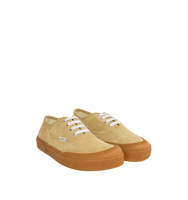 Image 2 of 5 - BROWN - LOEWE PAULA'S IBIZA Terra Vulca Lace-Up Sneaker featuring suede lace-up sneaker on a vulcanised rubber sole, bulky and asymmetric toe shape, wide fit, LOEWE tag on the quarter and embossed Anagram outsole and foxing. Split calfskin. 