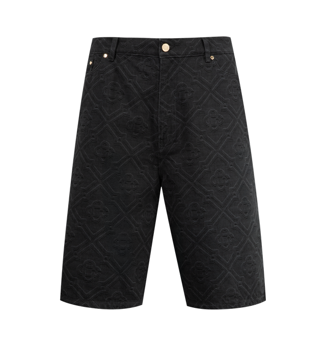 Image 1 of 3 - BLACK - CASABLANCA Laser Monogram Denim Shorts featuring knee-length, monogram pattern, jeans-style front pockets, back patch pockets, a button and zip closure, branded gold-plated hardware and a contemporary silhouette. 100% cotton. Lining: 65% polyester 35% cotton. Made in Italy.