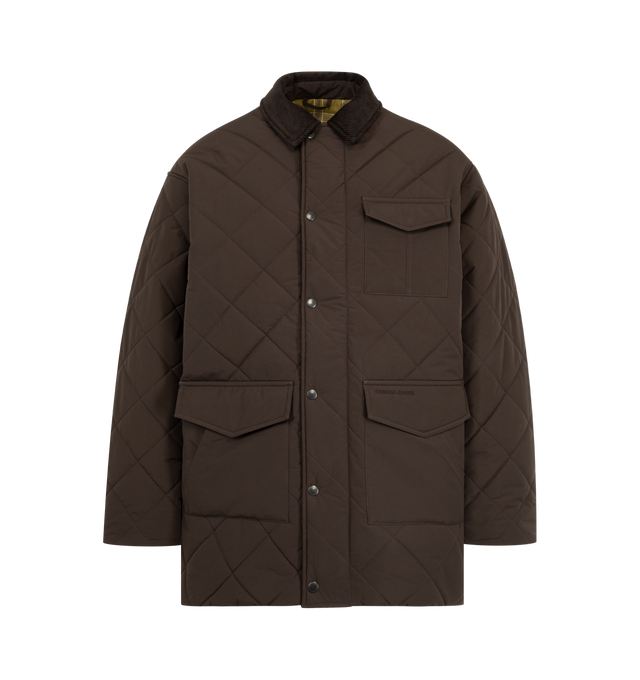 Image 1 of 3 - BROWN - Canada Goose Terra Coat is crafted from durable two-layer woven nylon with windproof and water-repellent properties for protection in cold, changing conditions. Designed with an intentionally oversized fit and mid-thigh length for easy layering and added coverage, this designer coat features contrasting corduroy at the collar and cuffs, a zip-front closure concealed by a snap-button placket, and multiple functional pockets throughout. Main Material: 100% Recycled Polyamide. Fill: 100%