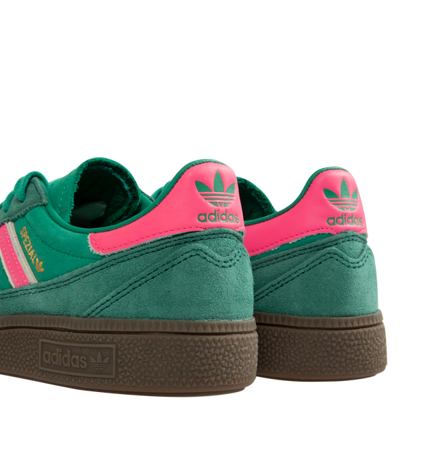 Image 3 of 5 - GREEN - Adidas Handball Spezial leather sneakers inspired by archive handball shoes. Made from premium nubuck with durable suede overlays along the toe and mudguard, leather 3-Stripes and gold-letter Spezial branding. Features a rubber cupsole with rugged traction, leather lining and lace closure. Unisex style in men's sizes.