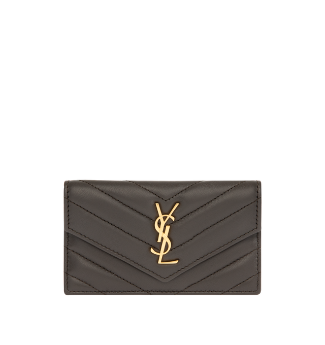 Image 1 of 3 - GREEN - SAINT LAURENT Zip Card Case with flap in soft nappa leather, decorated with the CASSANDRE and chevron-quilted topstitching, leather lining, gold-toned hardware, snap-button closure, one zip coin pocket and five card slots. 5.1" x 3.1" x 0.7". Calfskin leather. Made in Italy.