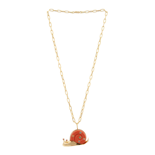 Image 1 of 2 - ORANGE - BRENT NEALE Large Carnelian Snail Pendant on 18" Chain featuring 18K yellow gold, carved carnelian large snail pendant set with multi-colored sapphires. Dimensions: 0.5" x 0.85" pendant, 18" chain. Made in NYC.