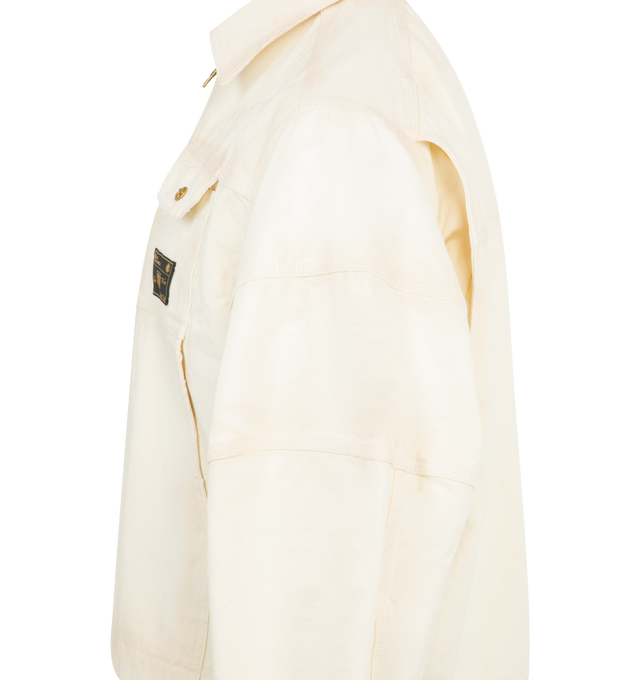 Image 3 of 3 - WHITE - WILLY CHAVARRIA Stockton Work Jacket featuring an oversized fit, structured design, two chest flap pockets with button closures, full zip front with a high collar and embroidered logo detail on the front. 100% cotton canvas. Made in the USA.