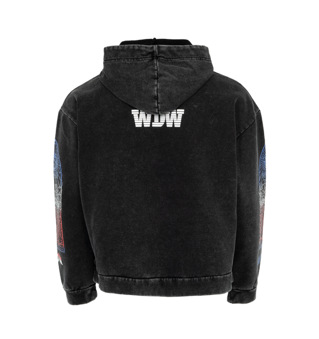 Image 2 of 5 - BLACK - WHO DECIDES WAR Intertwined Windows Hoodie featuring french terry, fading and logo graphics printed throughout, drawstring at hood, kangaroo pocket and dropped shoulders. 100% cotton. Made in China. 