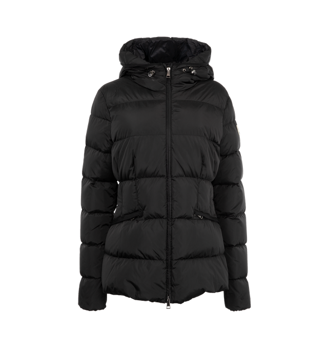 Image 1 of 3 - BLACK - Moncler Avoce Down Jacket features a zipper closure, an adjustable hood, and zipped welt pockets. Recycled longue saison lining. 100% polyamide, Fill: 90% down, 10% feather. Made in Armenia or Italy.