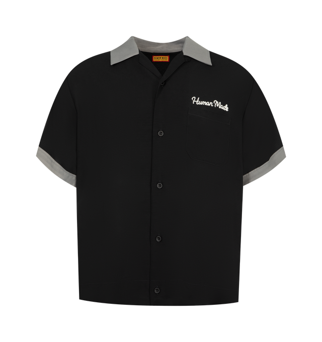 Image 1 of 2 - BLACK - HUMAN MADE Bowling Shirt featuring regular fit, camp collar, button fastening, embroidered back and chest logo and chest pocket. 55% rayon, 45% cotton.