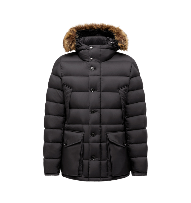 Image 1 of 1 - BLACK - Moncler Women's Clunye Down Jacket is crafted from longue saison nylon and features a mid-length parka silhouette, down-filled construction, and a detachable adjustable hood with faux fur trim. Designed in a regular fit with a straight cut, it is finished with a front zip and snap-button closure and pockets with snap-button and zip closures for everyday functionality. Main Material: 100% Polyamide / Nylon. Lining: 100% Polyester. Padding: 90% Down, 10% Feather. Faux Fur Trim: 93% Moda