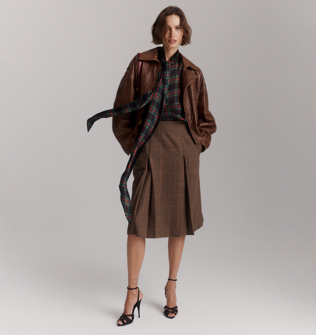 Image 3 of 4 - BROWN - SAINT LAURENT Midi Skirt in Prince of Wales Wool and Cashmere featuring inverted box pleat midi skirt made with certified wool, silk lining, concealed side zip closure and concealed side pockets. 90% new wool, 10% cashmere. Made in Italy.