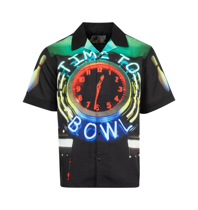 Image 1 of 2 - BLACK - PLEASURES Time Bowling Button Down Shirt featuring relaxed camp collar, short sleeves, button front closure and graphic throughout.