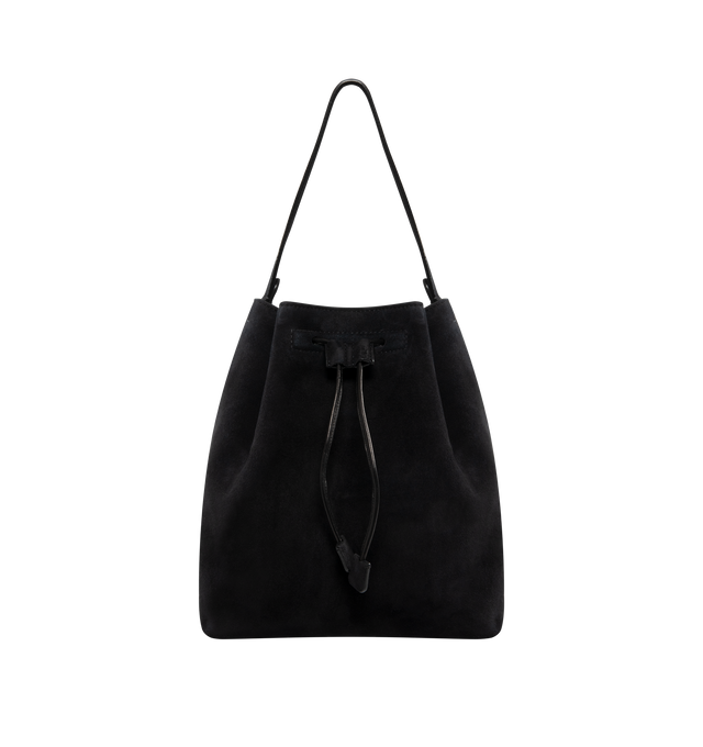 Image 1 of 3 - BLACK - THE ROW Backpack 9 in suede featuring a toggle fastening top, smooth leather trim, gold hardware, 2 adjustable, rivet fastening straps, 1 top handle, logo embossed purse feet at underside, single interior compartment with 1 slit pocket, key ring inside and suede lining. 10.5 W x 10.5 H. 100% calfskin leather. Made in Italy.