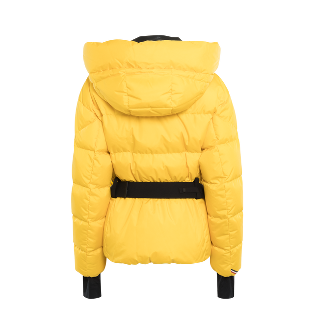 Image 2 of 3 - YELLOW - MONCLER GRENOBLE BOUQUETIN JACKET featuring micro ripstop lining, down-filled, adjustable hood, water-repellent look two-way zipper closure, water-repellent look zipped outer pockets, water-repellent look zipped inner media pocket, zipped ski pass pocket, detachable and adjustable belt with pouch and a glove carabiner, powder skirt, elastic waistband, jersey wrist gaiters, tricolor silicone detailing, bonded logo outline and logo details. 87% polyamide/nylon, 13% elastane/spandex. Pa 