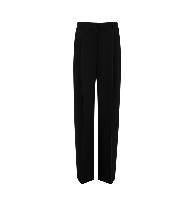 Image 1 of 3 - BLACK - Toteme Women's Double-Pleat Fluid Trousers are tailored from lightweight suiting fabric and feature a relaxed silhouette sharpened by double pleats along the front. Designed with pressed creases at the front and back, these designer trousers are finished with a zip fly, belt loops, side slant pockets, and welt back pockets for a refined approach to fluid tailoring. Main Material: 96% Viscose, 4% Polyester.