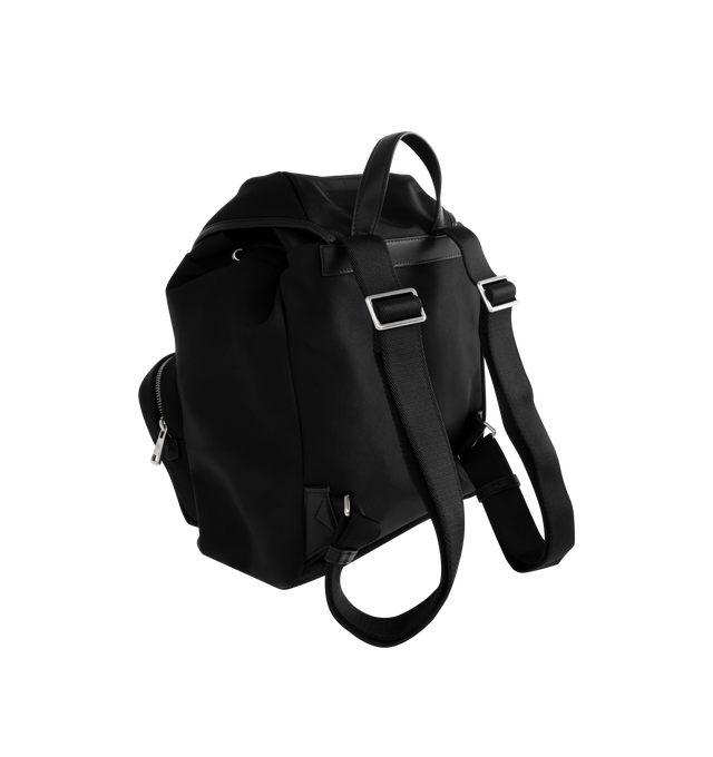 Image 2 of 3 - BLACK - MONCLER New Trick Backpack featuring recycled water-repellent nylon, nylon lining, leather trim, leather handle, adjustable straps, closure with buckle and drawstring fastening, zipped pockets and inner media pocket. L 17 cm x H 18 cm x D 10 cm. 100% polyester. Made in Italy.