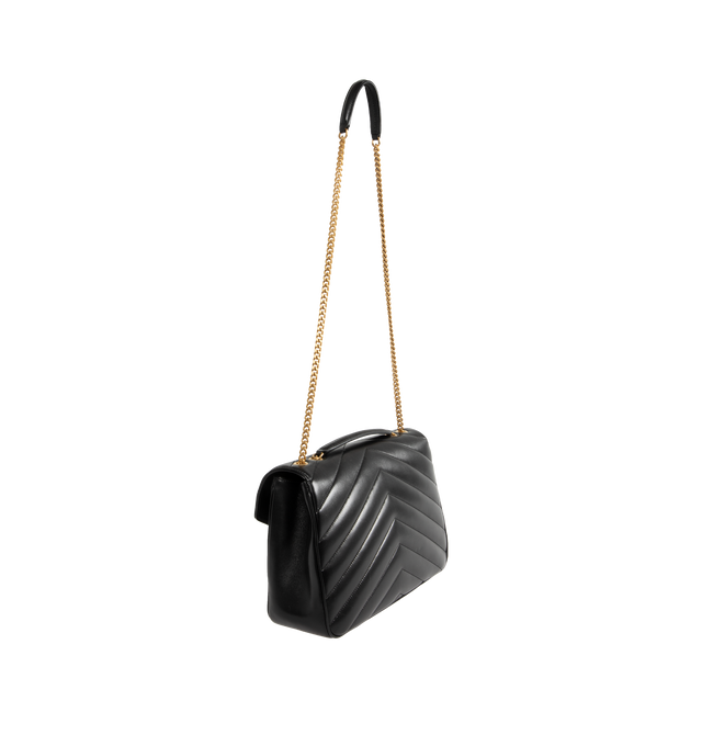 Image 3 of 4 - BLACK - SAINT LAURENT Loulou Large Bag featuring chain bag in soft lambskin with chevron-quilted topstitching, a removable leather pouch and pocket mirror, a sliding chain strap, grosgrain lining, bronze-toned hardware, magnetic snap closure and one flat pocket. 12.6" x 8.7" x 3.9". 90% lambskin, 10% brass. Made in Italy.