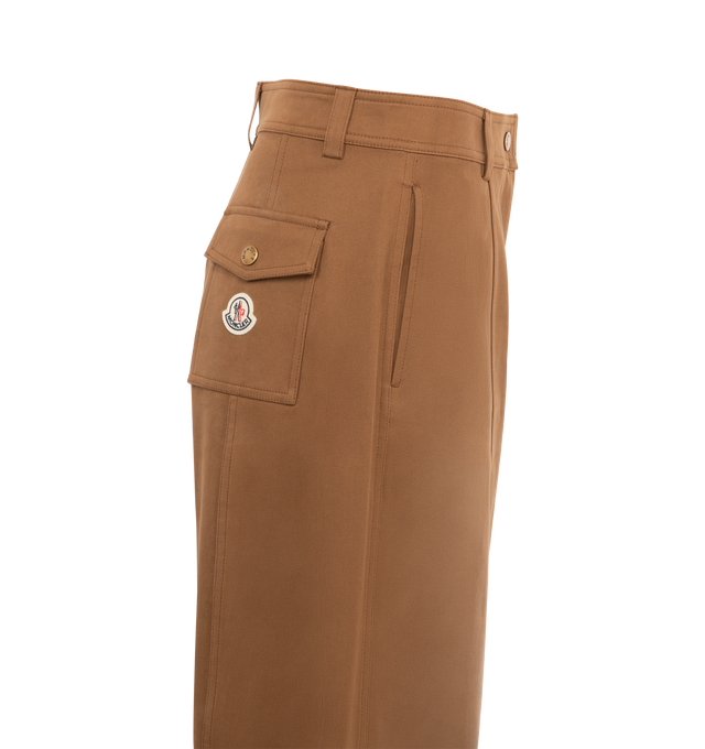 Image 3 of 3 - BROWN - MONCLER Straight Leg Cotton Gabardine Pants featuring stretch cotton gabardine, cotton twill lining, zipper and snap button closure and side pockets. 98% cotton, 2% elastane/spandex. Made in Romania.