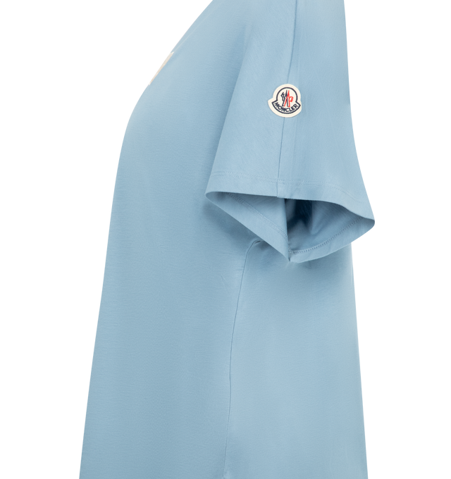 Image 3 of 3 - BLUE - MONCLER Logo Shirt featuring cotton jersey, ribbed crew neck, short sleeves and logo on front. 100% cotton.