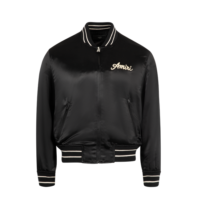 Image 1 of 3 - BLACK - AMIRI Club Amiri Bomber Satin Jacket featuring logo on chest, welt zipper pockets, double zip closure and banded rib finishes. 100% viscose. Made in Italy.