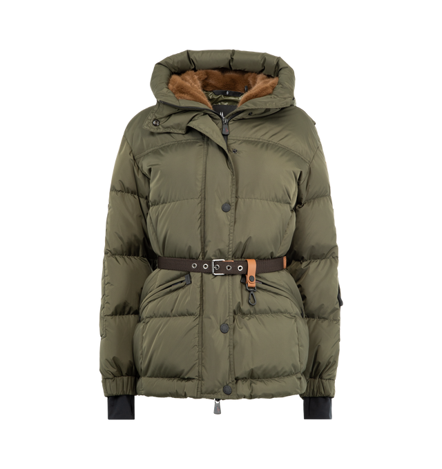 Image 1 of 3 - GREEN - MONCLER GRENOBLE Salastrains Belted Down Ski Jacket featuring 2L technical nylon, micro ripstop lining, down-filled, adjustable hood with fleece lining, YKK AquaGuard Highly Water-Resistant zipper closure, pockets with YKK AquaGuard Highly Water-Resistant zipper closure, inner media pocket with YKK AquaGuard Highly Water-Resistant zipper closure, ski pass pocket with YKK AquaGuard Highly Water-Resistant zipper closure, detachable belt with leather details and glove carabiner, stretch