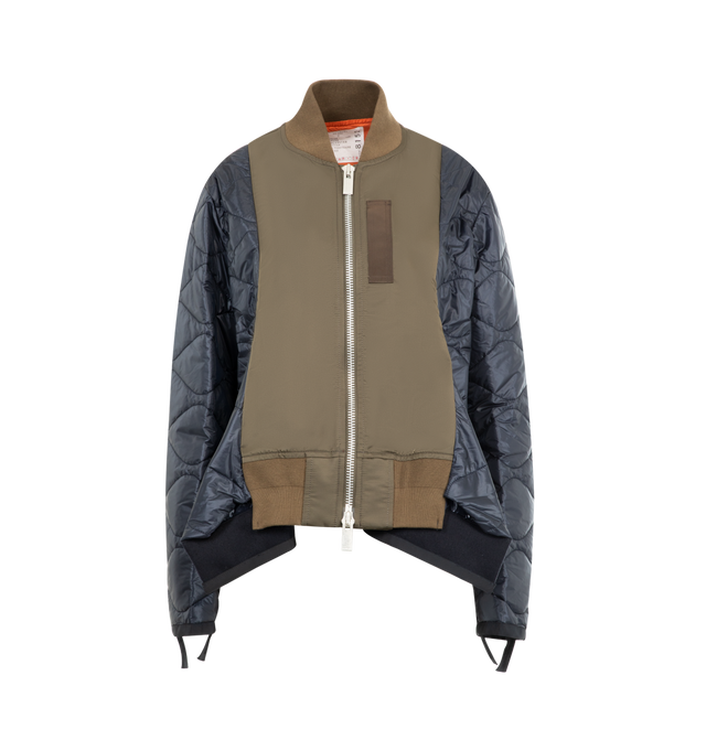 Image 1 of 3 - NAVY - SACAI Nylon Twill Jacket featuring paneled construction, ribbed collar and hem, quilted sleeves, zip front closure and side pockets. Made in Japan.