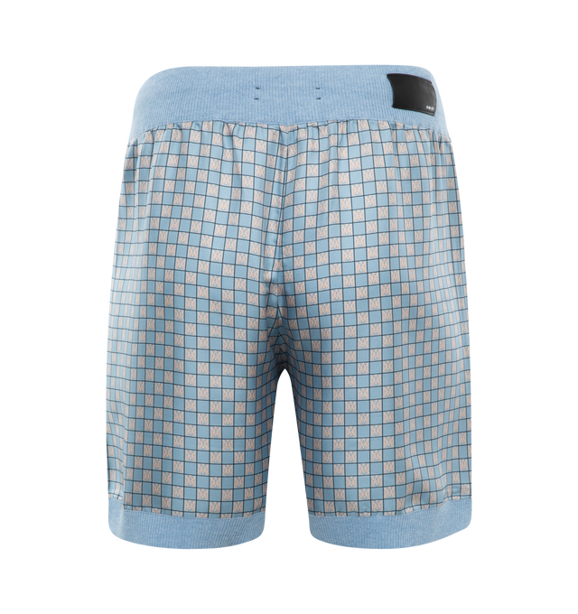 Image 2 of 3 - BLUE - AMIRI Drawstring Waist Combo Shorts featuring pull on, regular fit, mid-rise, elasticated drawstring waistband, two slip pockets at front, brand patch at back, all-over pattern and ribbed trims. 100% wool. 100% silk. Made in Italy. 
