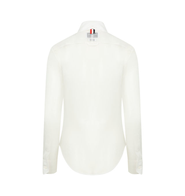 Image 2 of 2 - WHITE - THOM BROWNE Silk Organza Transparent Shirt featuring signature RWB stripe, pointed flat collar, a front button placket, long sleeves, buttoned cuffs and a curved hem. 100% silk.