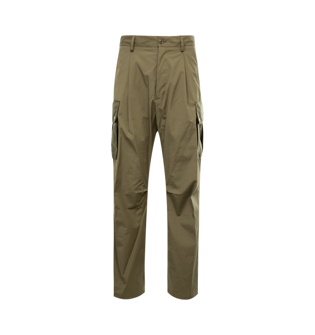 Image 1 of 3 - GREEN - MONCLER Cargo Pants featuring waistband with drawstring fastening, zipper and snap button closure, rainwear pockets, hem with elastic drawstring fastening and logo patch. 97% cotton, 3% elastane/spandex. 