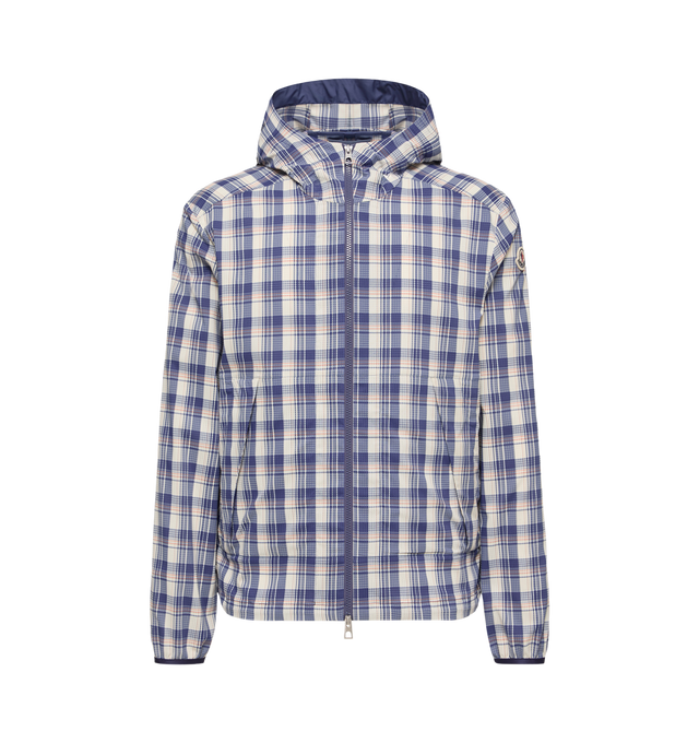 Image 1 of 1 - BLUE - MONCLER Natisone Check Hooded Jacket featuring check ripstop, polyester lining, adjustable hood, zipper closure, pockets with windproof closure and hem with drawstring fastening. 66% polyester, 34% elastomultiester. Lining: 100% polyester.