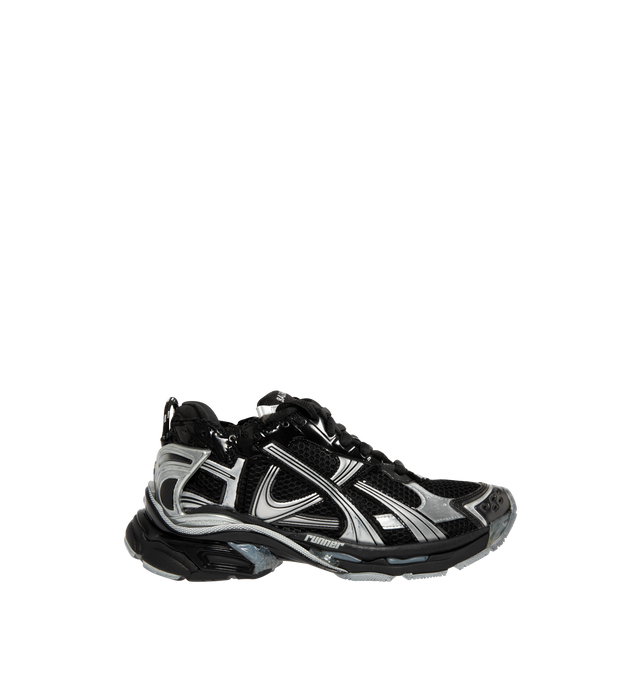 Image 1 of 5 - BLACK - BALENCIAGA Runner Sneakers featuring lace-up closure, pull-loop at heel collar, logo rubberized at heel tab, textured foam rubber midsole and treated rubber outsole. Upper: textile, synthetic, rubber. Sole: rubber. Made in China.