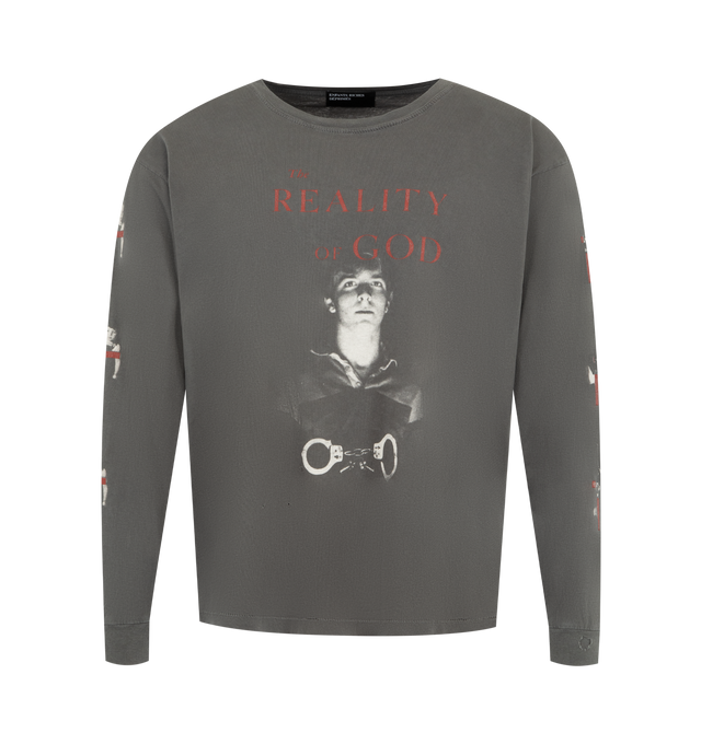 Image 1 of 3 - BLACK - ENFANTS RICHES DEPRIMES The Reality of of God T-shirt featuring long-sleeves, mid weight cotton jersey, traditional fit, rib knit neckline and cuffs, single stitch hem at waist, printed artwork at front, back, and sleeves and signature vintage wash process. 100% cotton.
