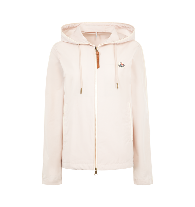 Image 1 of 3 - WHITE - MONCLER Sarracenia Hooded Jacket featuring technical poplin, adjustable hood, zipper closure, side pockets and hem with drawstring fastening. 63% polyester, 37% cotton. Made in Moldova.
