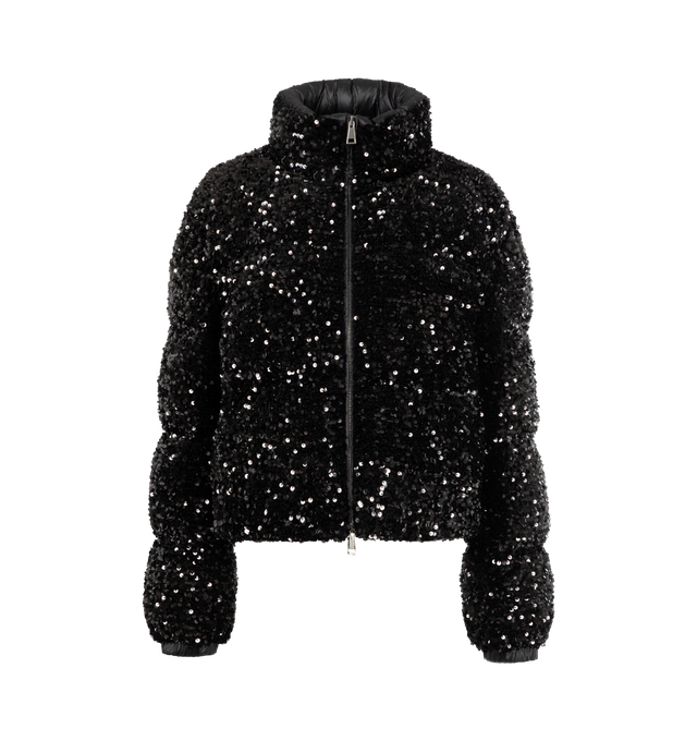 Image 1 of 3 - BLACK - MONCLER Louvi Sequin-Embroidered Short Down Jacket featuring longue saison lining, collar, back and sleeves in mini canvas, down-filled, zipper closure, zipped pockets, hem with drawstring fastening and logo patch. 100% polyester. Lining: 100% polyamide/nylon. Padding: 90% down, 10% feather.
