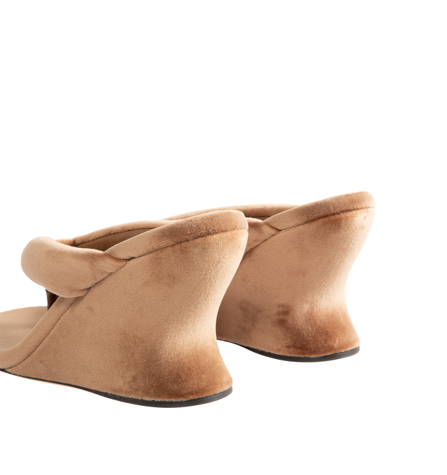 Image 3 of 4 - BROWN - Balenciaga Womens Gaeta Wedge Thong Sandals are crafted from a plush stretch velvet material. Feature a round toe, padded thong strap, slip-on design, 90mm arch wedge heel, and leather sole. Upper: cotton, viscose, elastane, Sole: calfskin, Insole: cotton, viscose, elastane. Made in Italy.