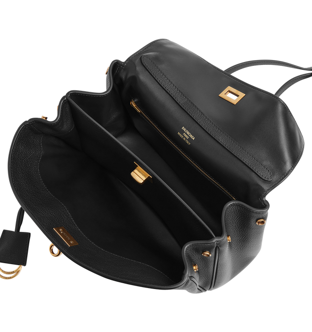 Image 4 of 4 - BLACK - BALENCIAGA Rodeo Handbag Small featuring smooth calfskin, one handle, removable shoulder strap, removable cloche cls with two split rings, aged-gold hardware, turn lock closure, wide front pocket, 1 main compartment, 1 inner zipped pocket, 2 flat pockets at back, side snaps, 4 brass feet and nappa lambskin lining. Calfskin. Made in Italy.