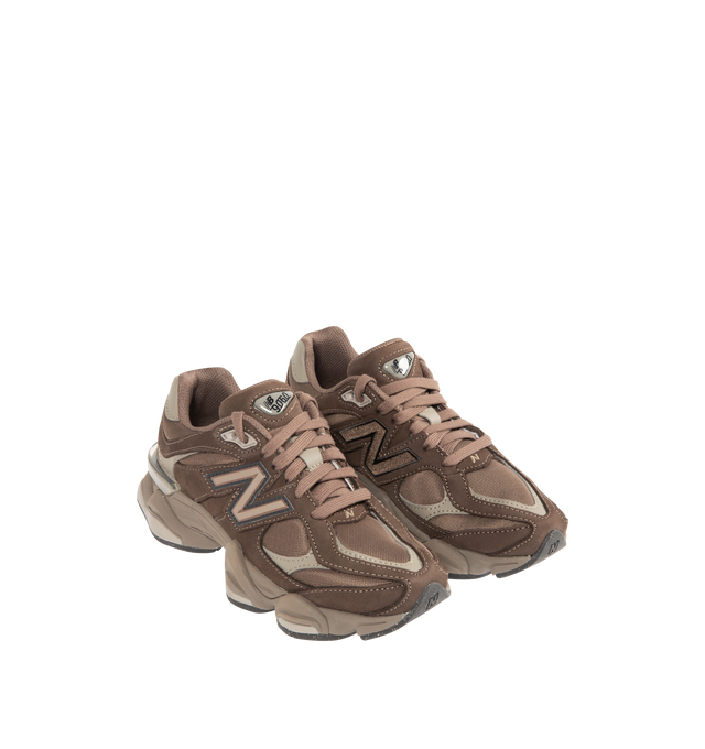Image 2 of 5 - BROWN - NEW BALANCE 9060 Sneaker featuring dual-density midsole, ABZORB and SBS cushioning, tongue logo inspired by original 991 lace jewel, translucent CR device at heeland diamond outsole pattern inspired by classic 860 design. Mesh upper with suede overlays.