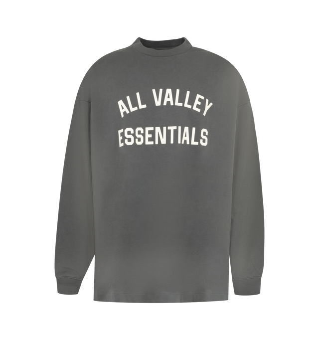 Image 1 of 2 - GREY - Fear of God Essentials Mens Merch Long Sleeve Tee is crafted from 300 GSM cotton jersey. Features a boxy relaxed fit, ribbed crew neckline, dropped shoulders, ribbed cuffs, crackle-printed All Valley Essentials graphic at the front, number "8" graphic at the back, and an Essentials signature label at the back collar. Main Material: 100% Cotton.