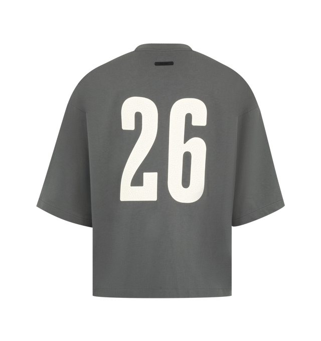 Image 2 of 2 - GREY - The Fear Of God Men's Merch Tee is crafted from a lightweight jersey and designed in a relaxed fit with dropped shoulders and 3/4-length sleeves. Details include a rib-knit collar and graphic logo at the center front.