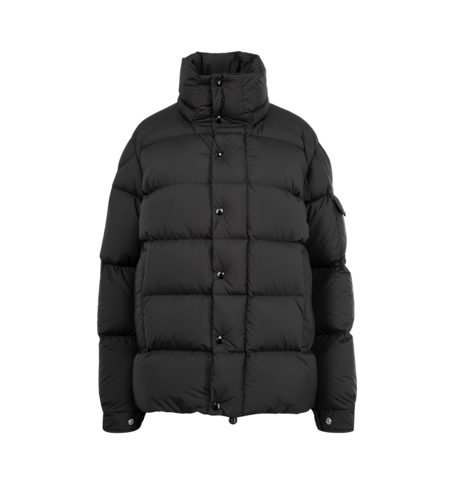 Image 4 of 4 - BLACK - MONCLER Maya 70 Hooded Short Down Jacket featuring recycled polyester, polyester lining, down-filled, detachable and adjustable hood, zipper and snap button closure, zipped pockets, sleeve pocket with snap button closure, adjustable cuffs, hem with drawstring fastening and logo. 100% polyester. Padding: 90% down, 10% feather.