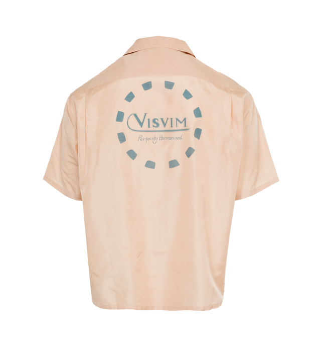 Image 2 of 4 - PINK - VISVIM Crosby Silk Shirt featuring short sleeves, spread collar, button front closure, patch pocket on chest and logo on front and back. 100% silk.  